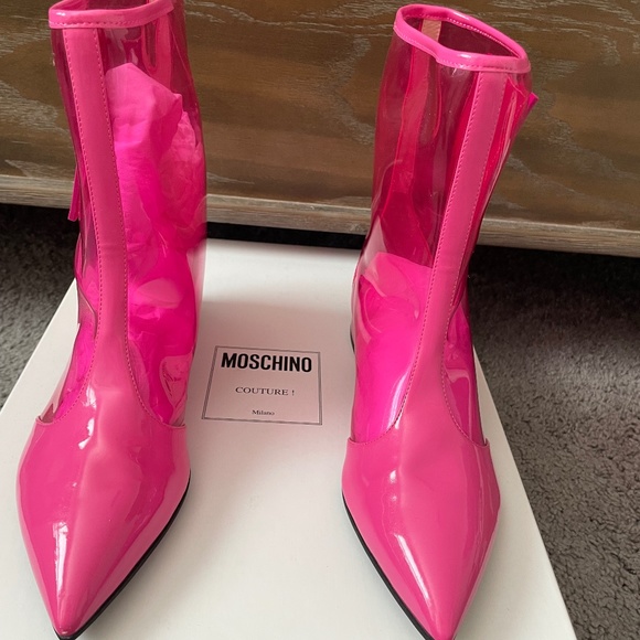 MOSCHINO Couture Rain Boots Pink Worn Once! Size 38 1/2 - Picture 1 of 11